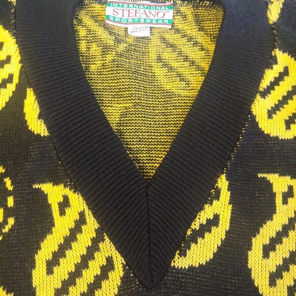 Vintage Stefano Sportswear Womens L V Neck Sweater Retro Paisley Black Yellow - Picture 4 of 7
